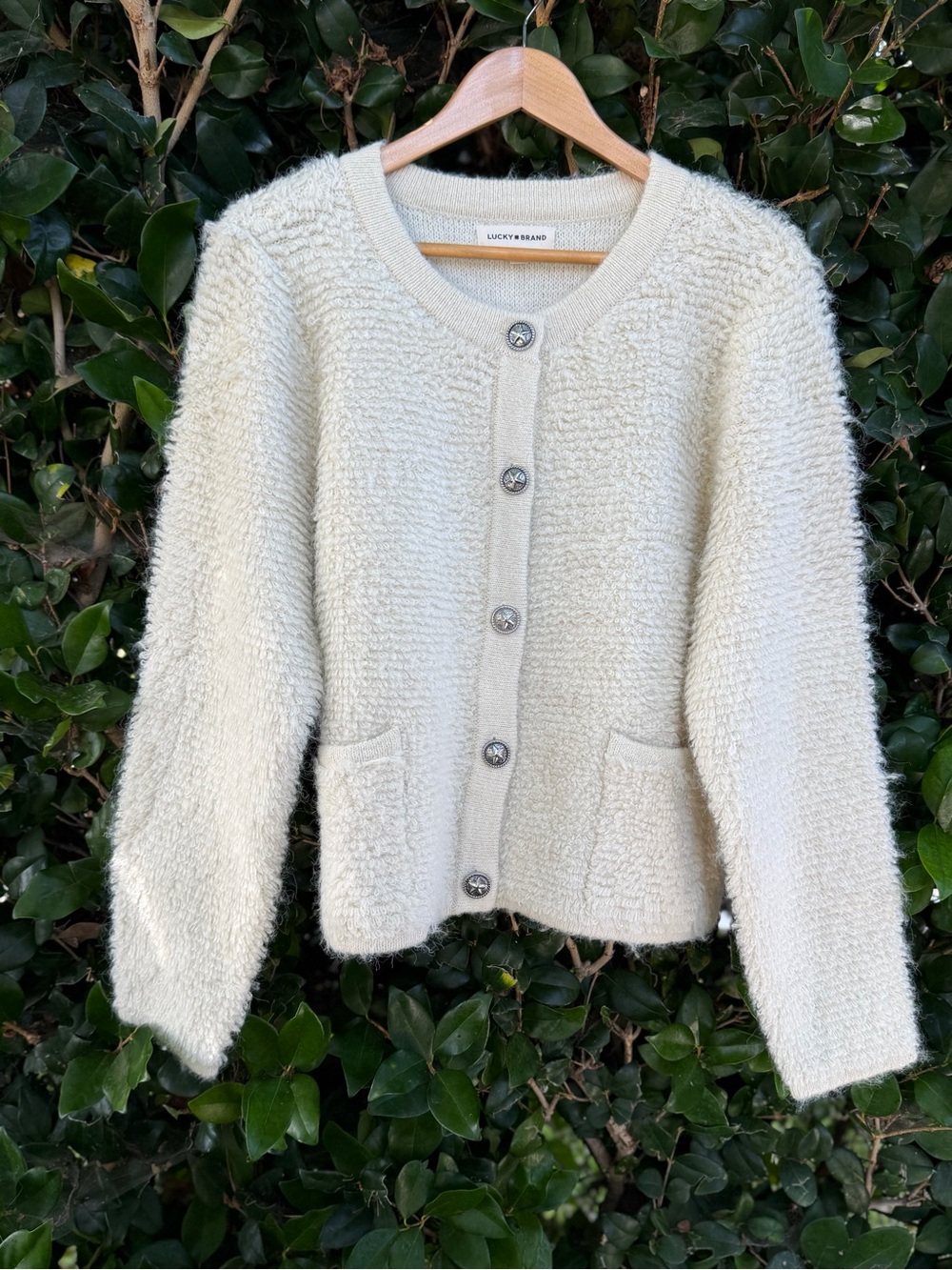 Lucky Brand Cream Bouclé Button Cardigan